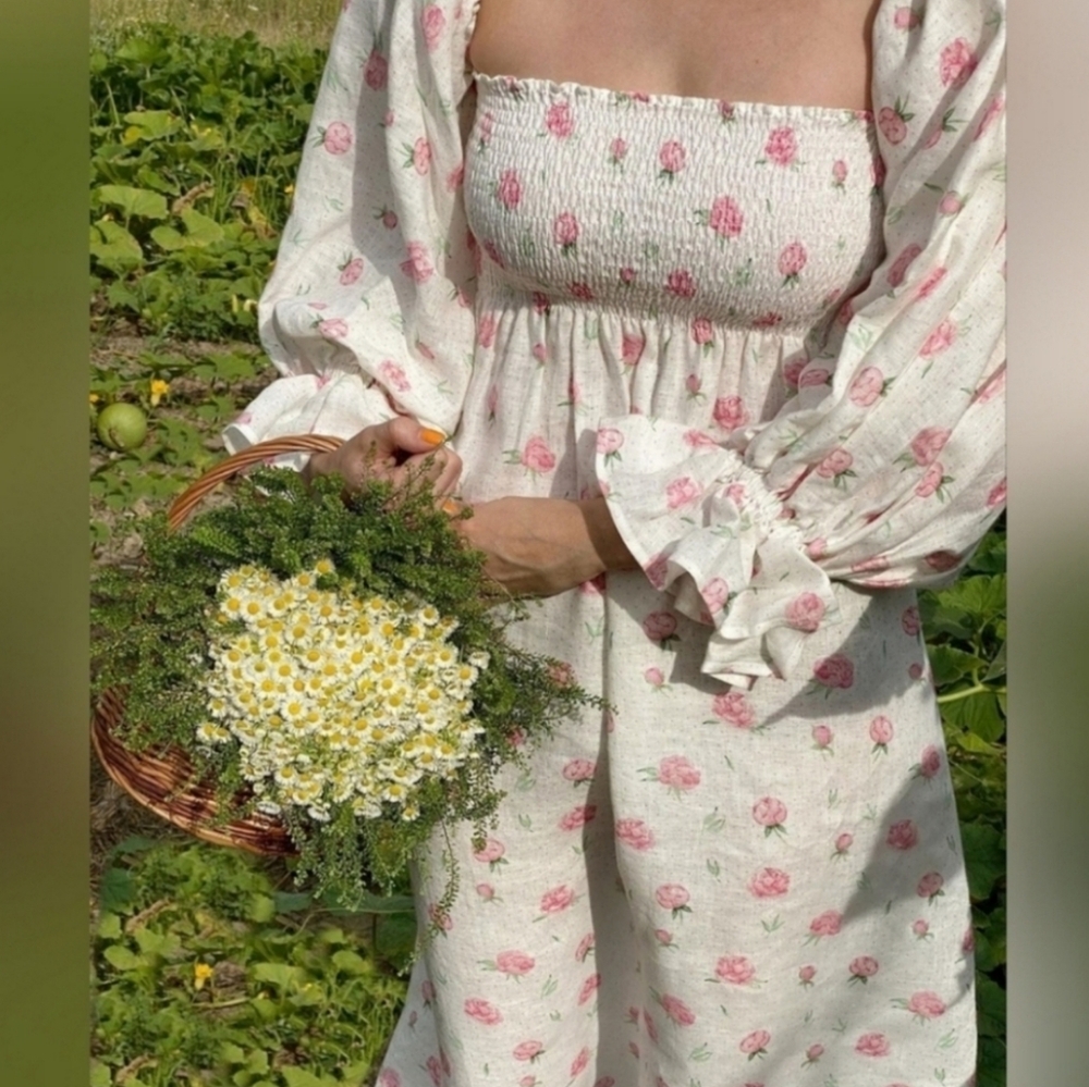 Sleeper 100% linen atlanta midi dress in roses, large